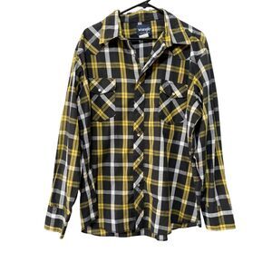 Wrangler Western Shirt Mens XL Black Yellow Plaid Pearl Snap Long Sleeve Rodeo